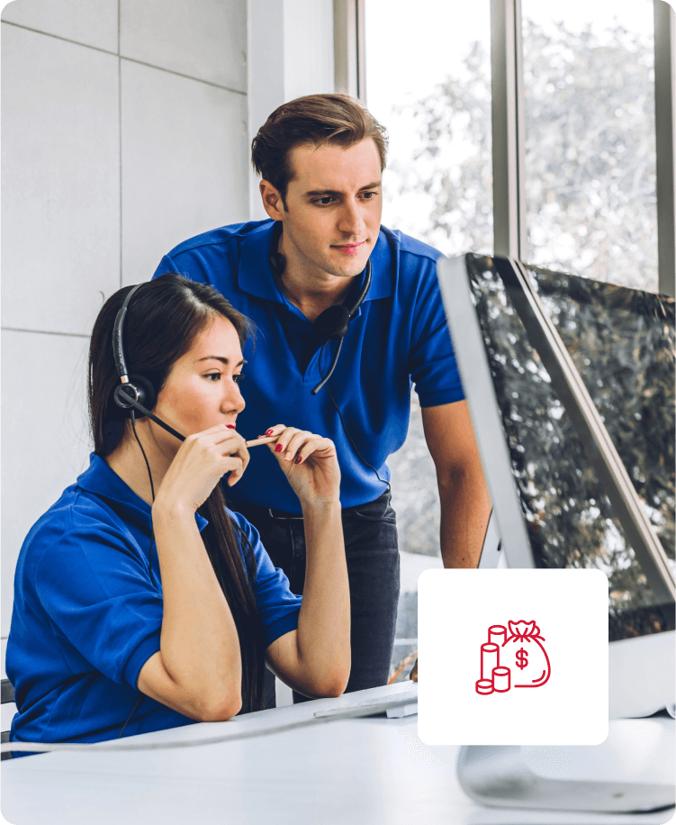 Confident call operator showing a woman something on the laptop